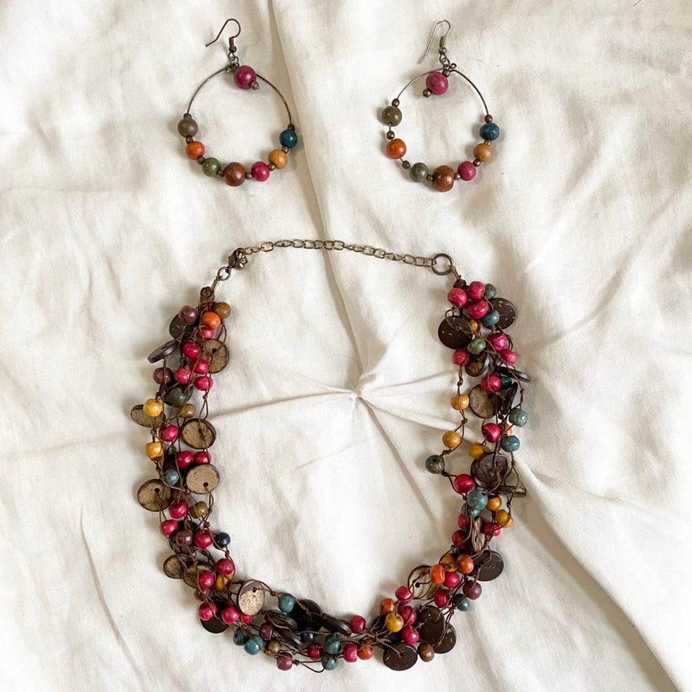 Wood Beaded Necklace and Earrings